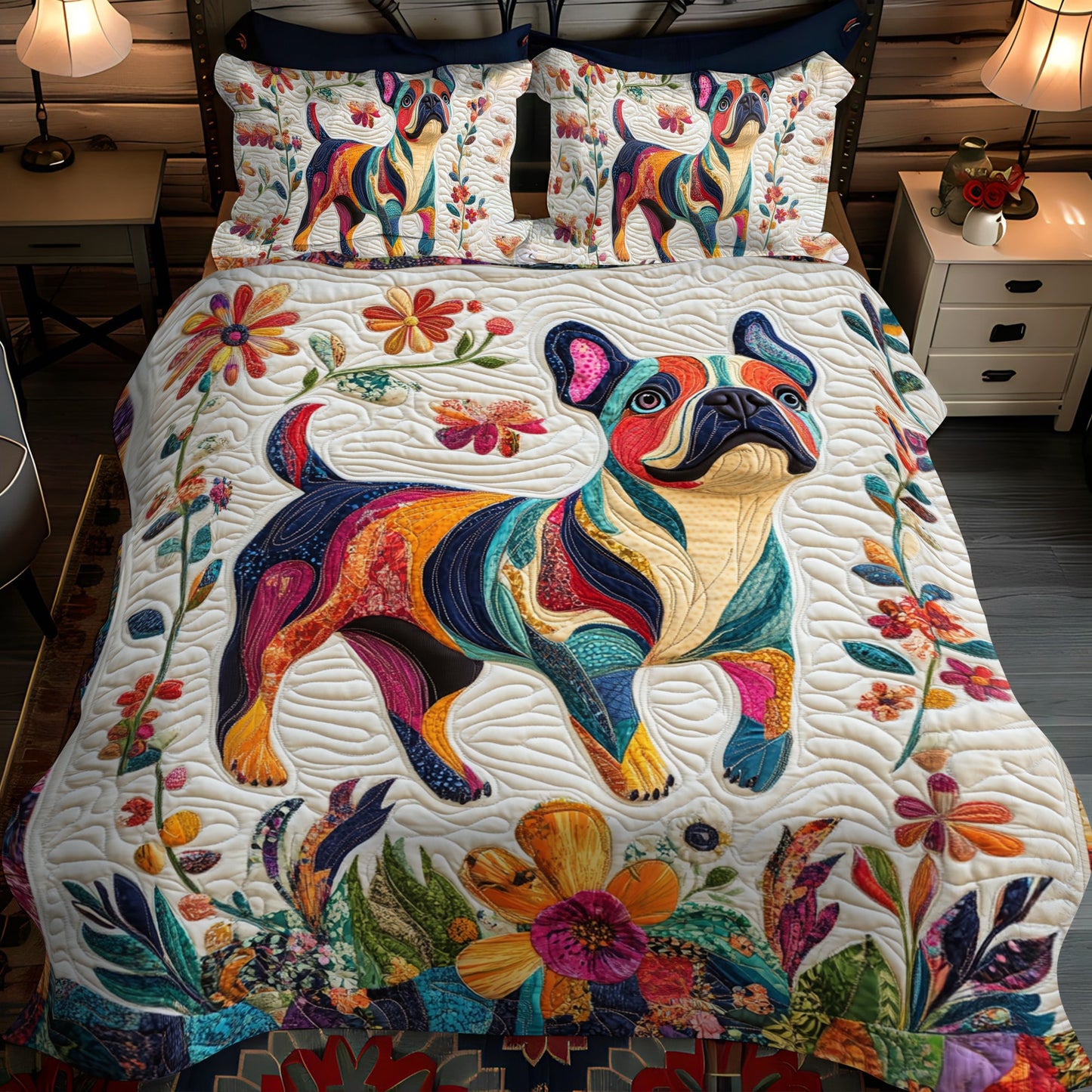 Vibrant Frenchie Faces 3-Piece Quilted Bedding Set NCU0PD391