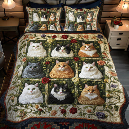 Floral Colorful Cats 3-Piece Quilted Bedding Set NCU0PD432