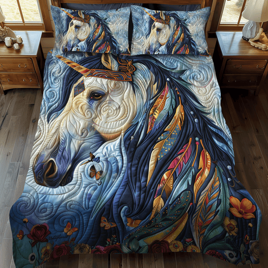 Vibrant Blue Horse 3-Piece Quilted Bedding Set NCU0PD343