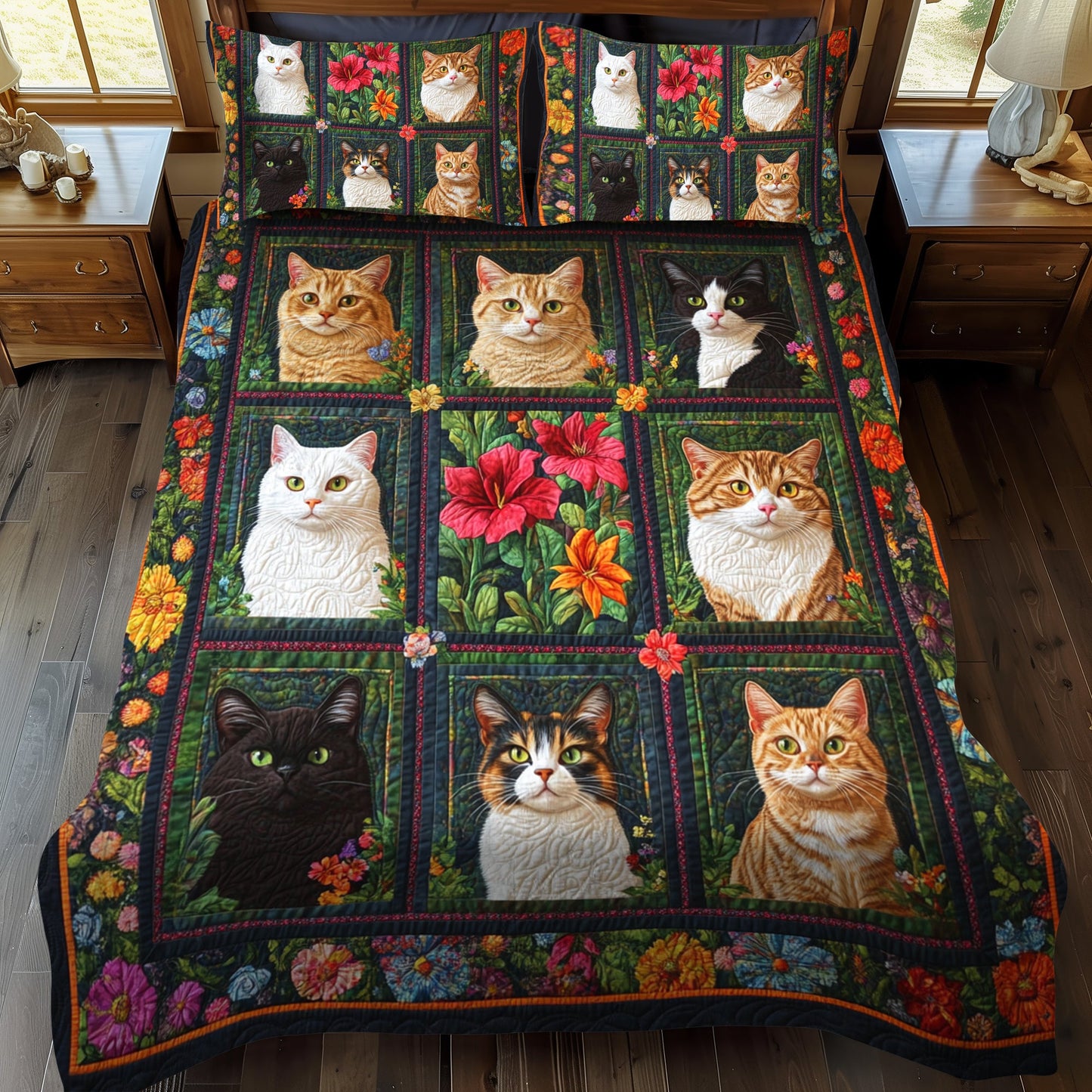 Vibrant Cute Cat 3-Piece Quilted Bedding Set NCU0PD433