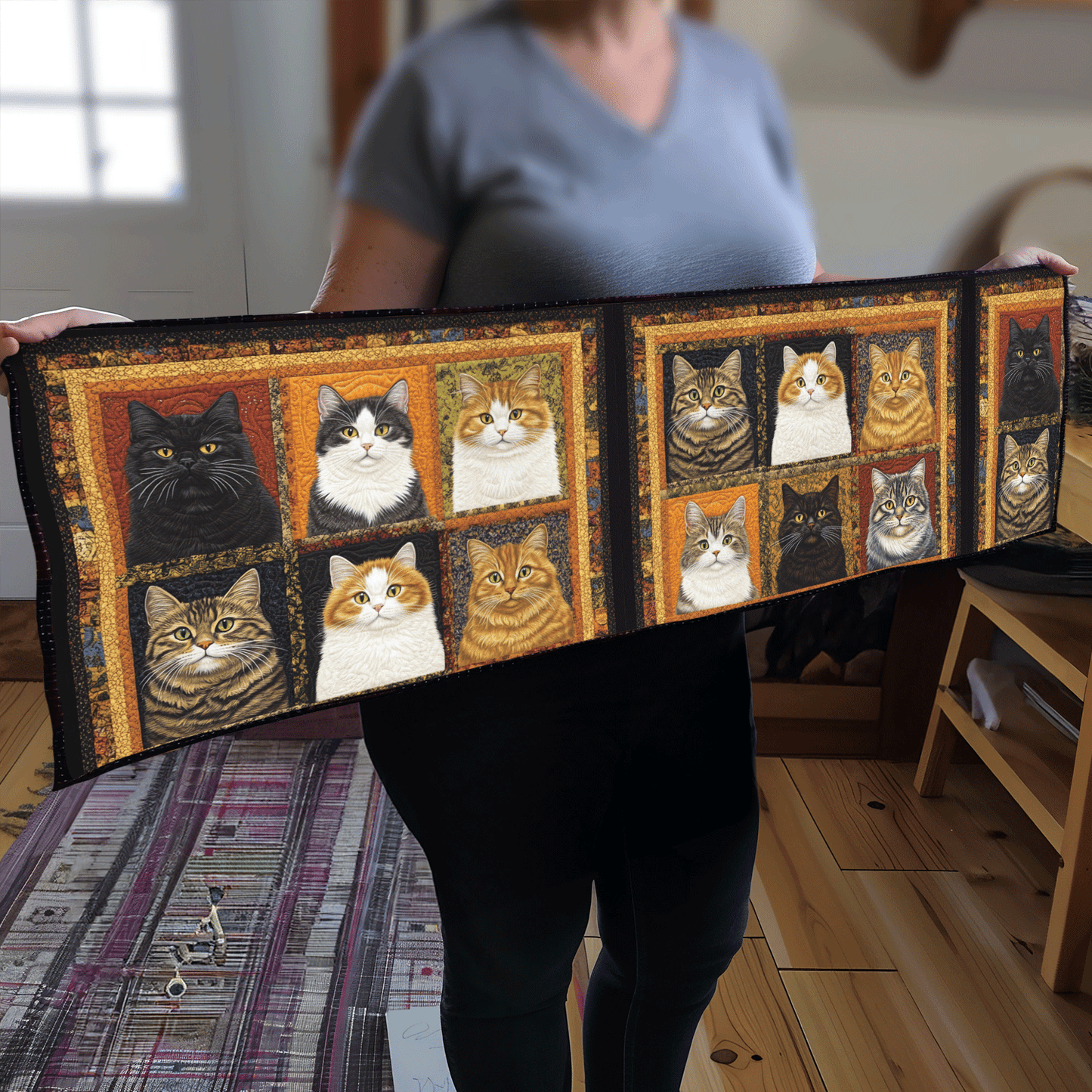 Funny Cat Patchwork Quilted Table Runner NCU0PD808