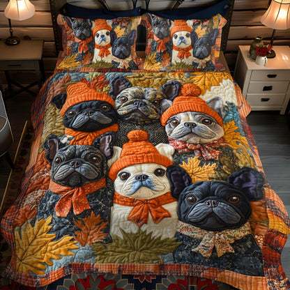 Frenchie Faces Thanksgiving 3-Piece Quilted Bedding Set NCU0PD380