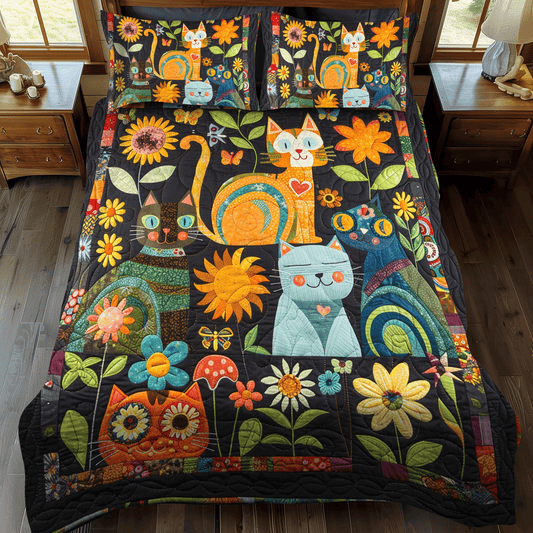 Artistic Cat-Themed 3-Piece Quilted Bedding Set NCU0PD313