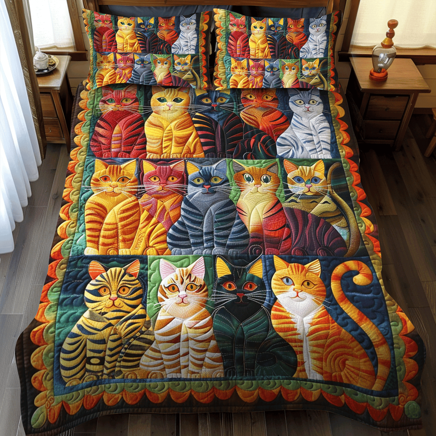 Multicolored Cats 3-Piece Quilted Bedding Set NCU0PD322