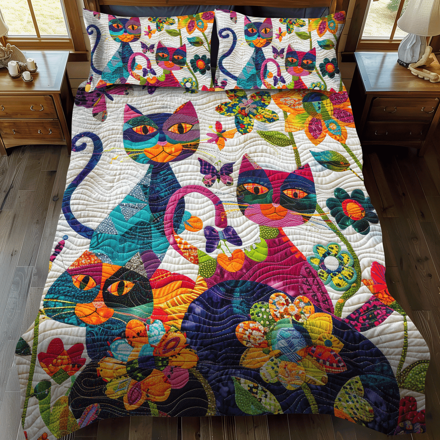 Colorful Cats 3-Piece Quilted Bedding Set NCU0PD325