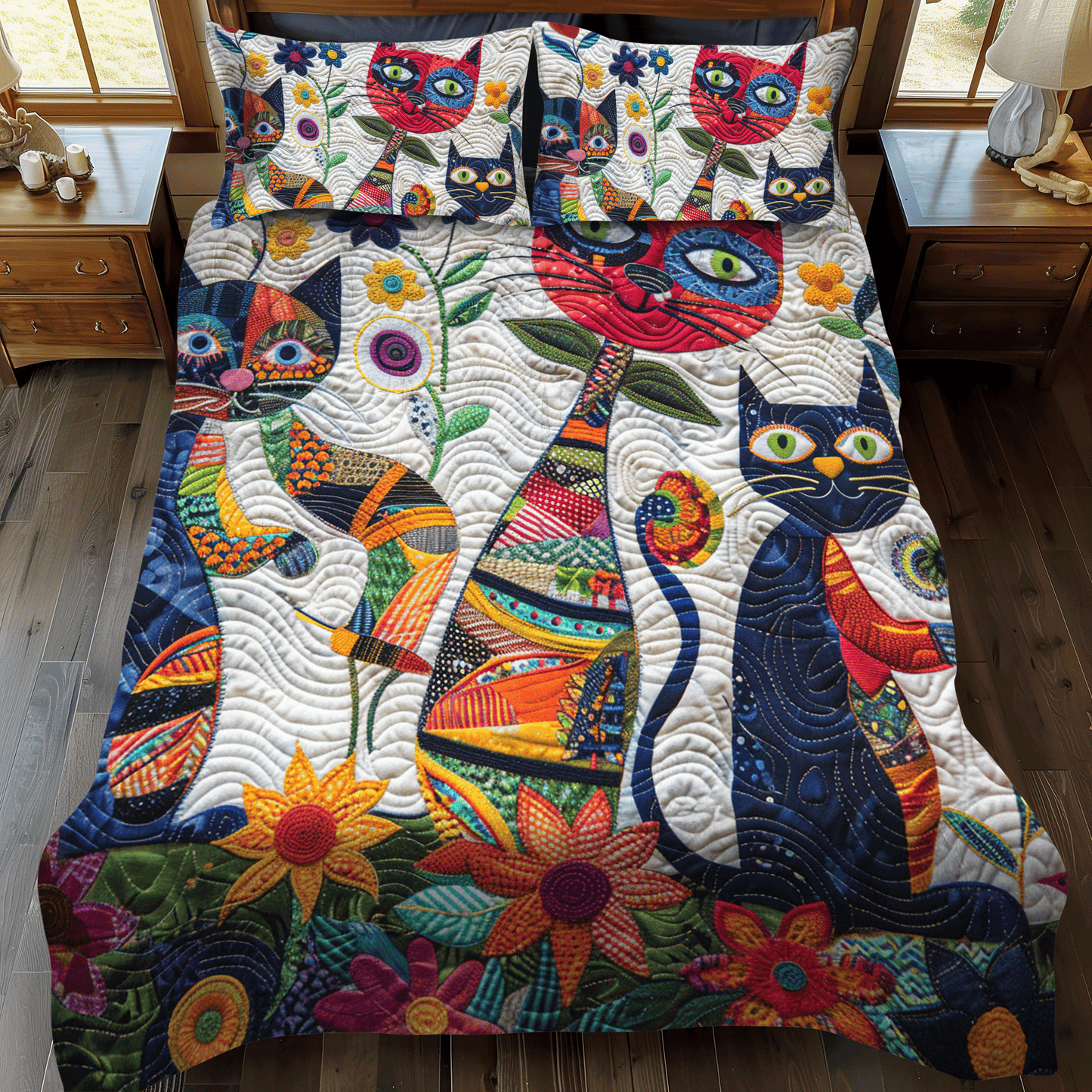 Playful Cats In The Garden 3-Piece Quilted Bedding Set NCU0PD327