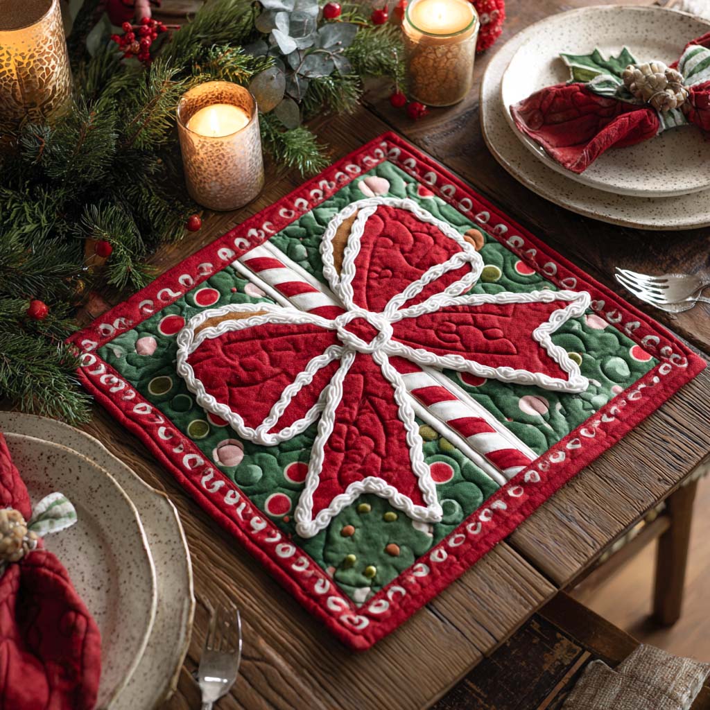 Candy Cane Bow Quilted Table Topper NCU0NXD158